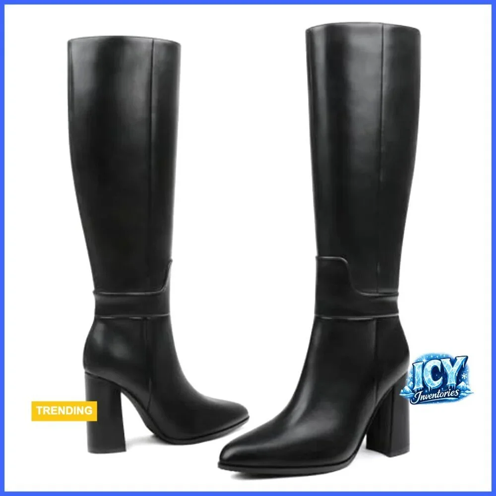 Knee High Heeled Boots with Block Heel, PU Leather, Zip Closure
